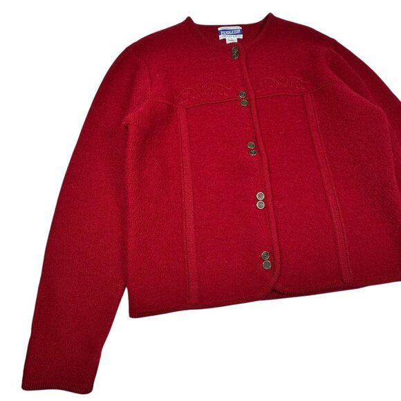 Vintage 80s Pendleton Virgin Wool Cardigan Sz M Burgundy Red Cottage Whimsical - Picture 4 of 14